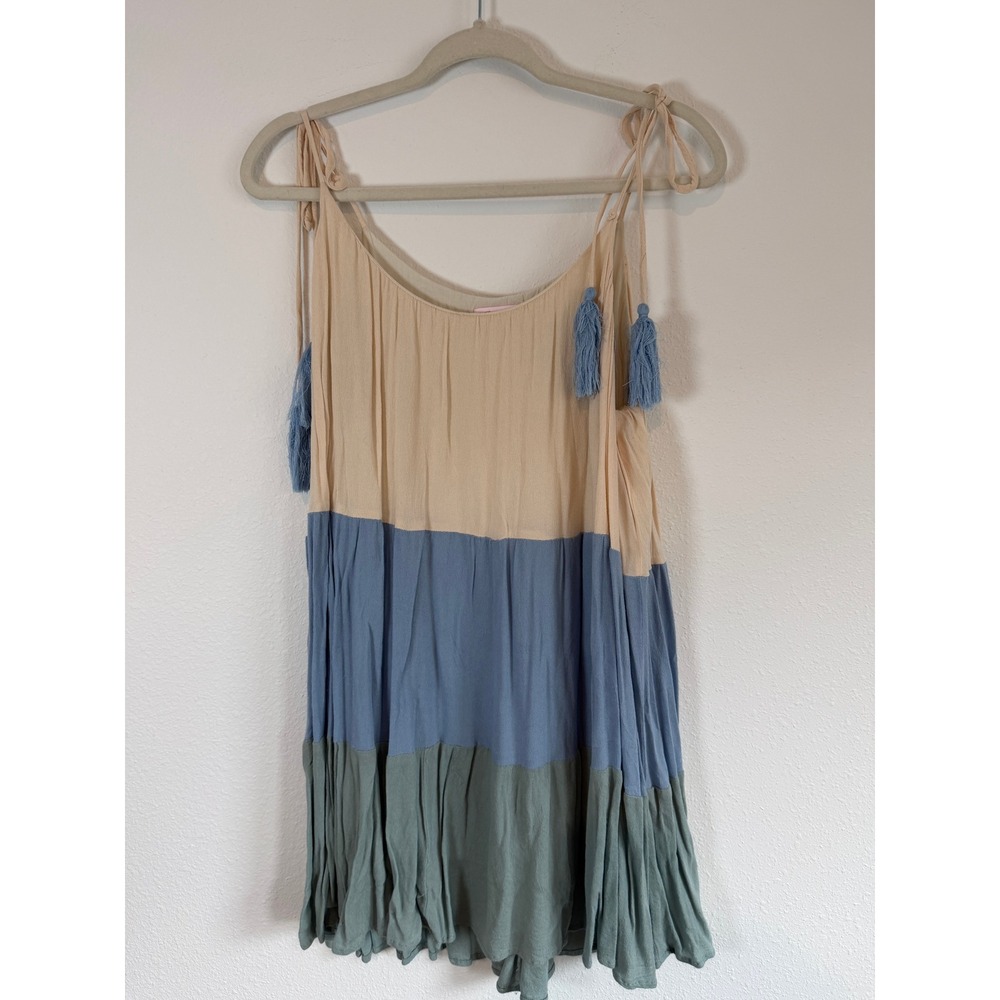 Pink Lily Colorblock Tiered Tassel Tie Strap Mini Dress Cream Blue Green Small